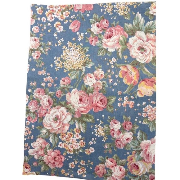 Floral Pattern Fabric Material Pink Roses On Blue Background 11" X 15" - Picture 1 of 7
